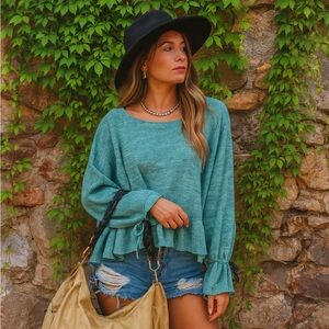 MARGARET O'LEARY Moss Green Marled Bell Sleeve Sweater, S